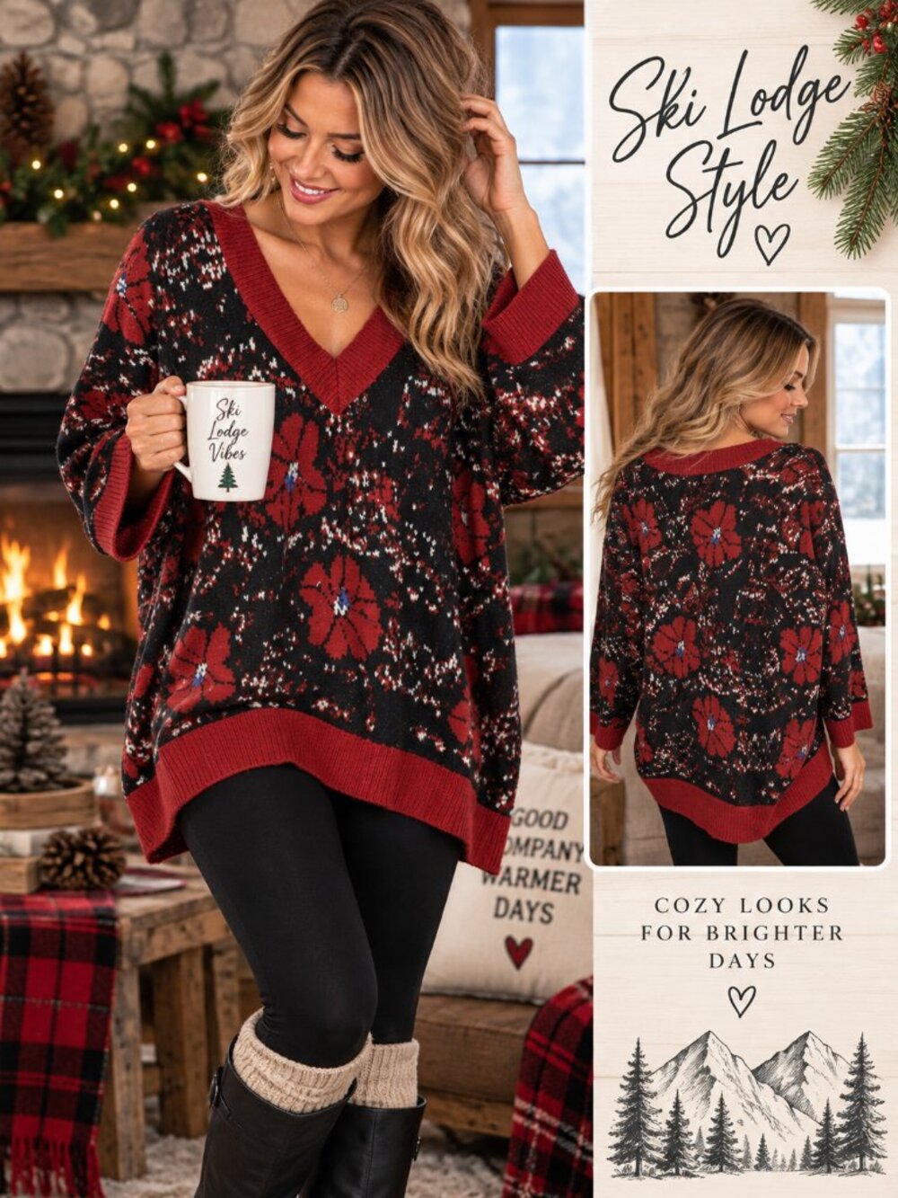 POL Floral Jacquard Sweater Oversized V-Neck Cozy Boho Knit Red Black M